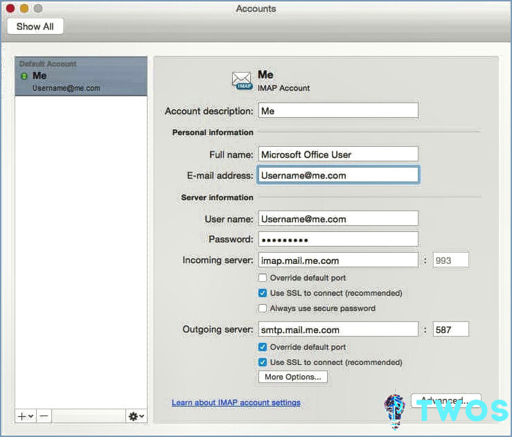 Outlook para la configuración de Mac IMAP