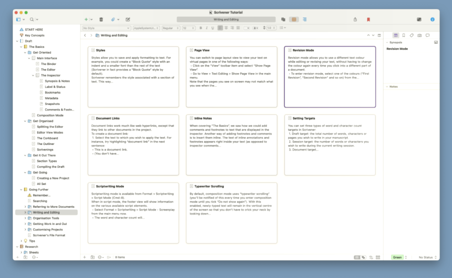 Scrivener escribiendo vistas y herramientas