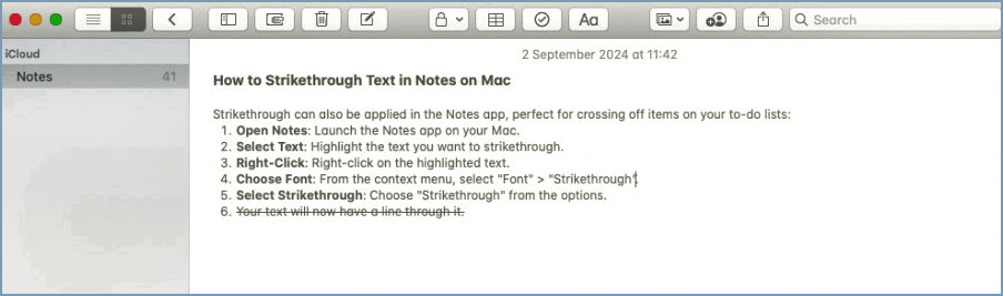 Strikethrough en la aplicación Notes