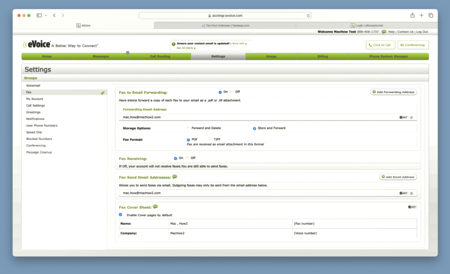 Configuración de fax de Evoice